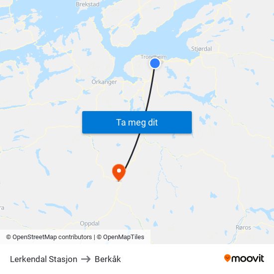 Lerkendal Stasjon to Berkåk map