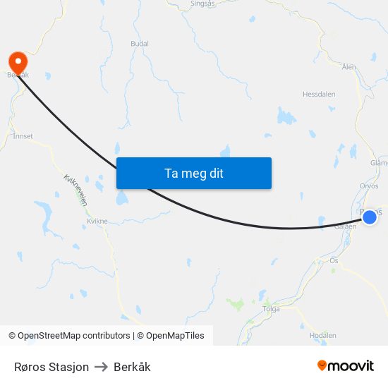 Røros Stasjon to Berkåk map
