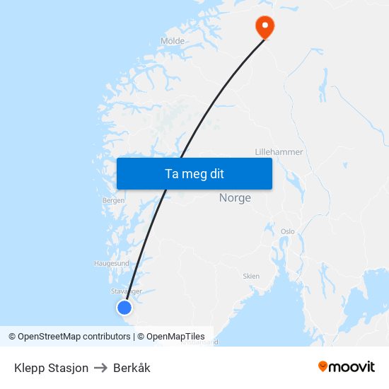 Klepp Stasjon to Berkåk map