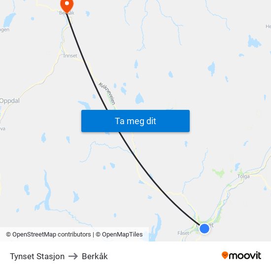 Tynset Stasjon to Berkåk map
