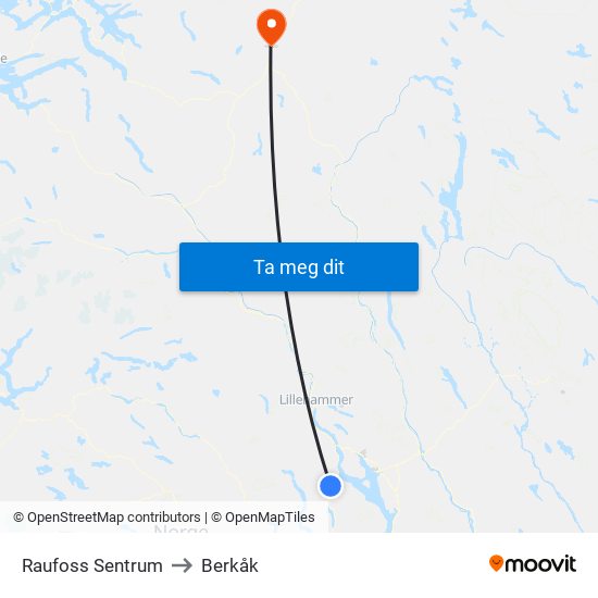 Raufoss Sentrum to Berkåk map