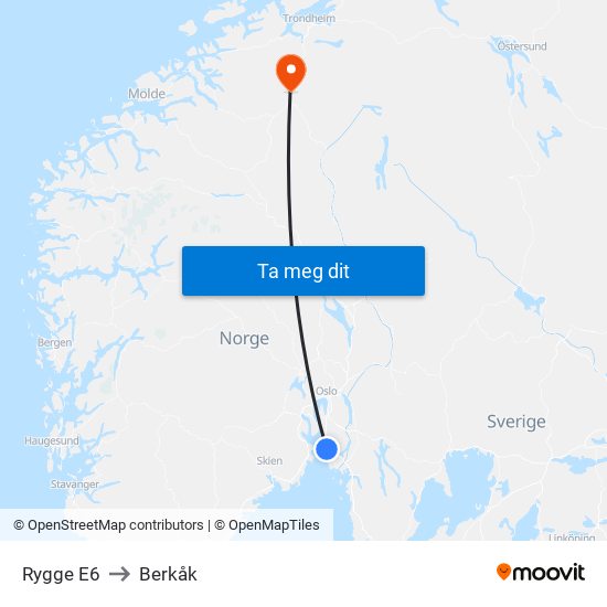 Rygge E6 to Berkåk map
