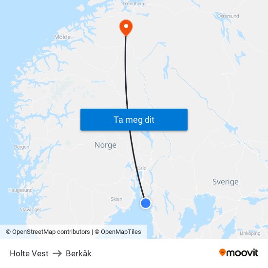 Holte Vest to Berkåk map