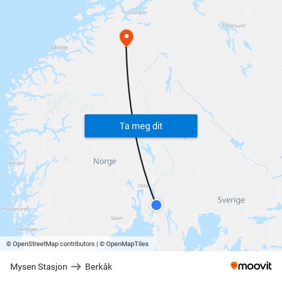 Mysen Stasjon to Berkåk map