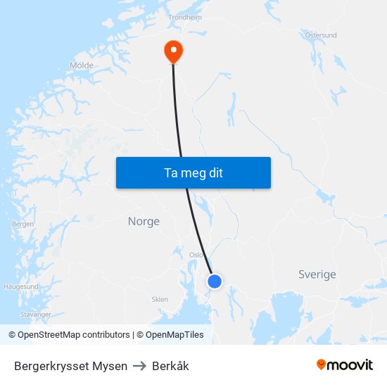 Bergerkrysset Mysen to Berkåk map