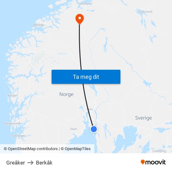 Greåker to Berkåk map