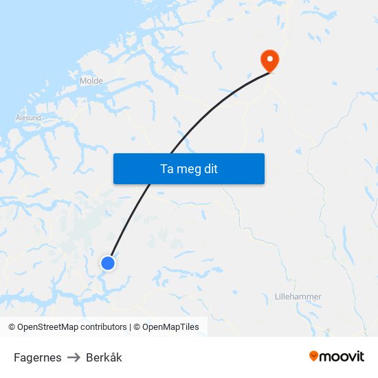 Fagernes to Berkåk map
