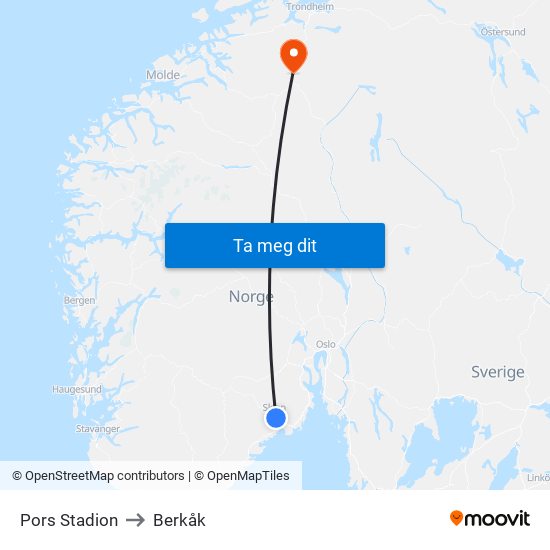 Pors Stadion to Berkåk map