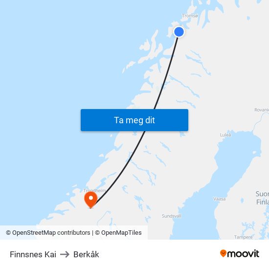 Finnsnes Kai to Berkåk map