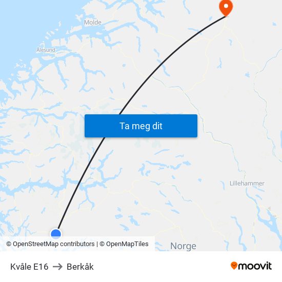 Kvåle E16 to Berkåk map