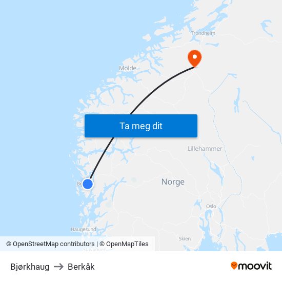 Bjørkhaug to Berkåk map