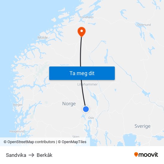 Sandvika to Berkåk map