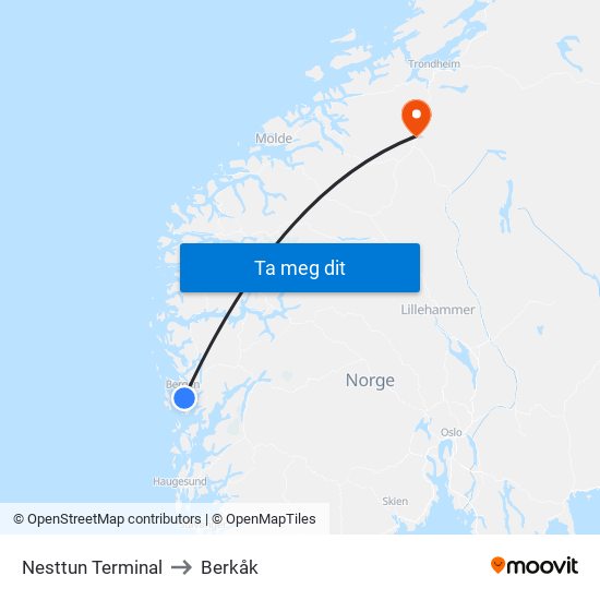 Nesttun Terminal to Berkåk map