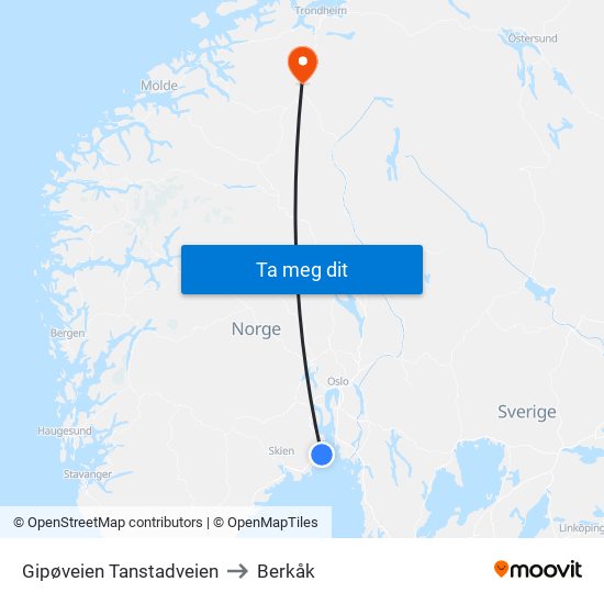 Gipøveien Tanstadveien to Berkåk map