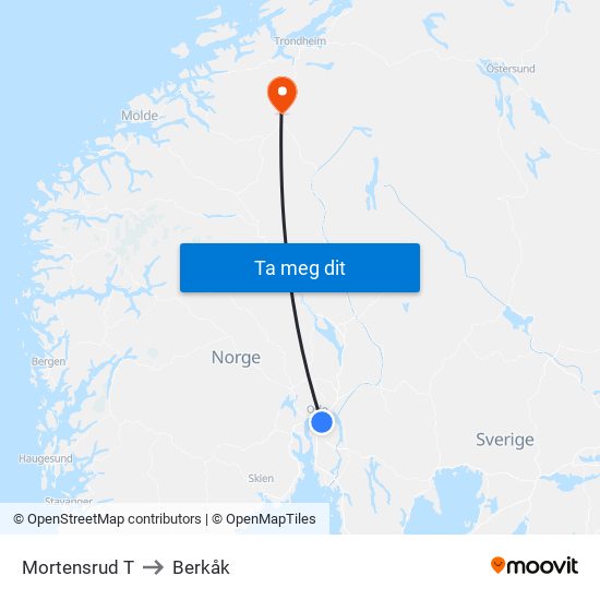 Mortensrud T to Berkåk map