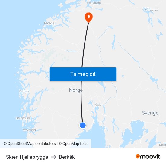 Skien Hjellebrygga to Berkåk map