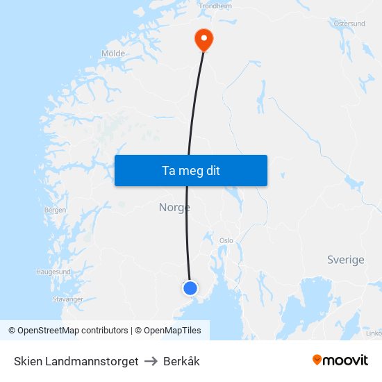 Skien Landmannstorget to Berkåk map