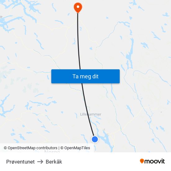 Prøventunet to Berkåk map