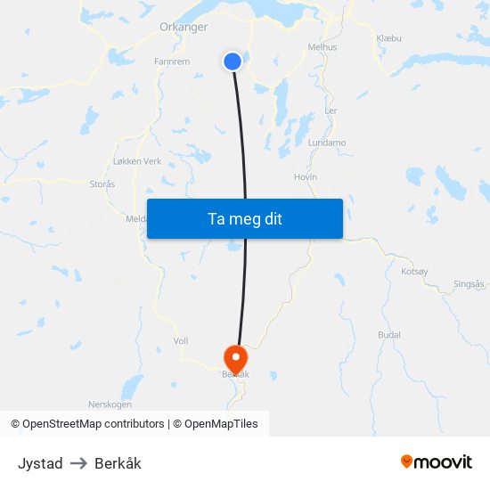Jystad to Berkåk map