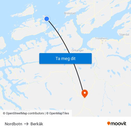 Nordbotn to Berkåk map