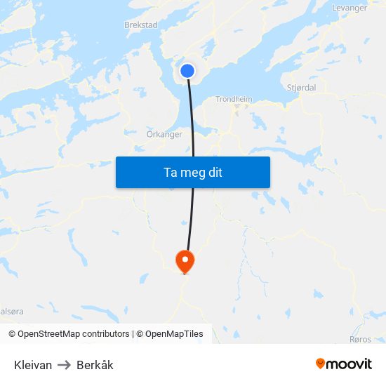 Kleivan to Berkåk map