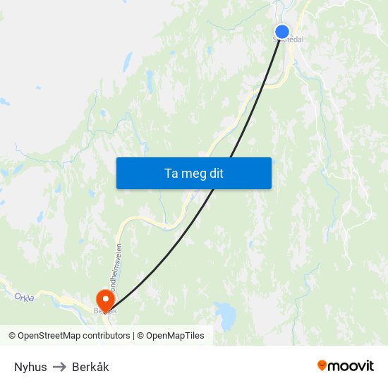 Nyhus to Berkåk map