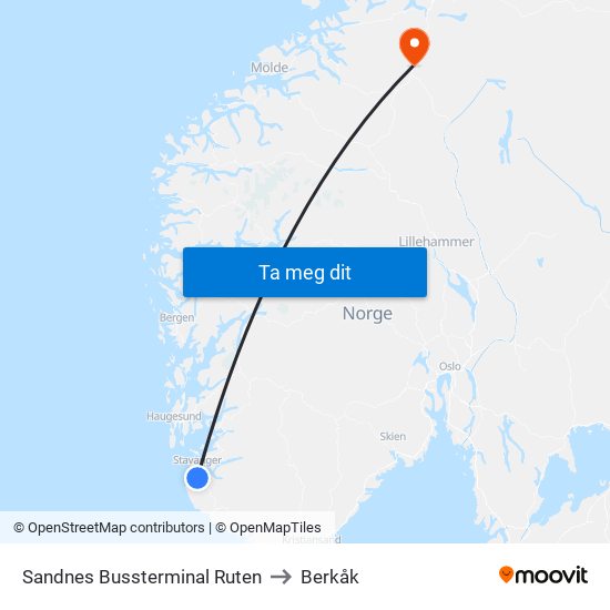 Sandnes Bussterminal Ruten to Berkåk map