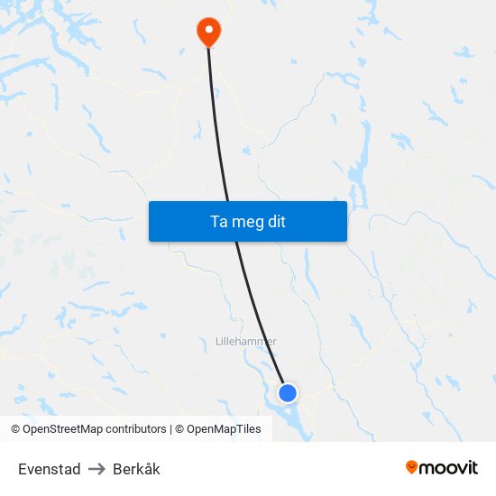 Evenstad to Berkåk map