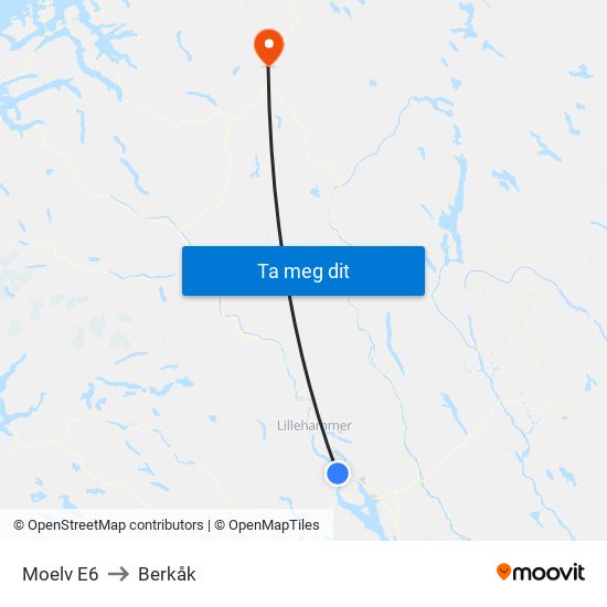 Moelv E6 to Berkåk map
