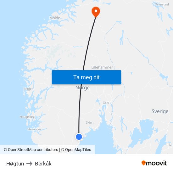 Høgtun to Berkåk map