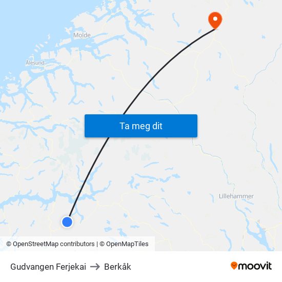 Gudvangen Ferjekai to Berkåk map