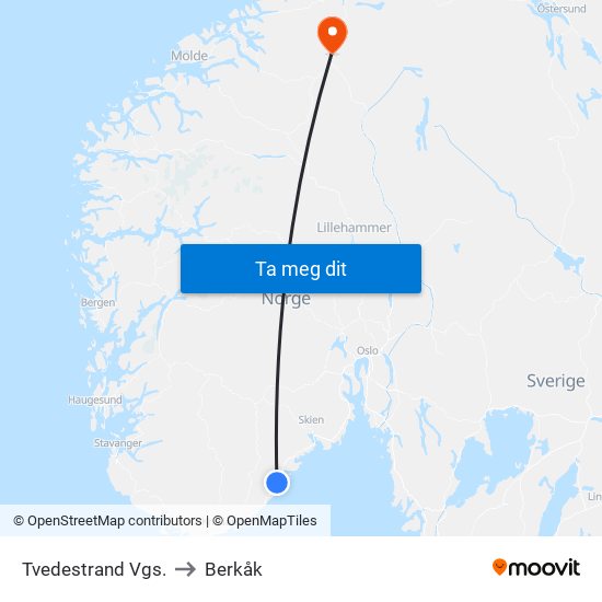 Tvedestrand Vgs. to Berkåk map