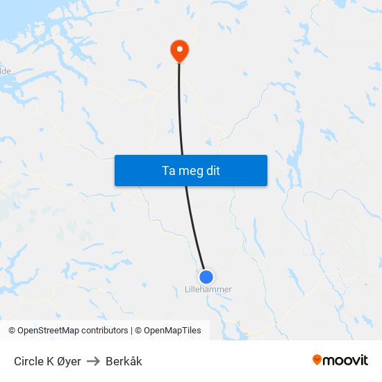 Circle K Øyer to Berkåk map