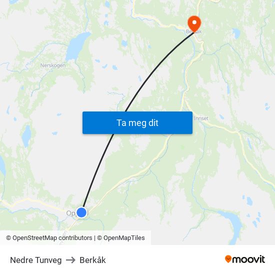 Nedre Tunveg to Berkåk map