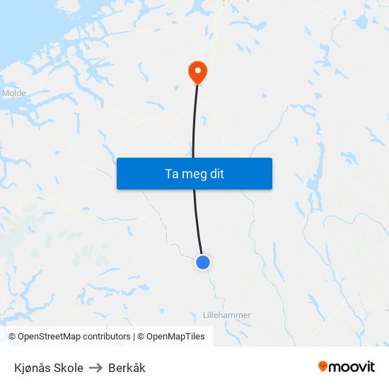 Kjønås Skole to Berkåk map
