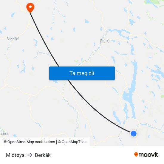 Midtøya to Berkåk map