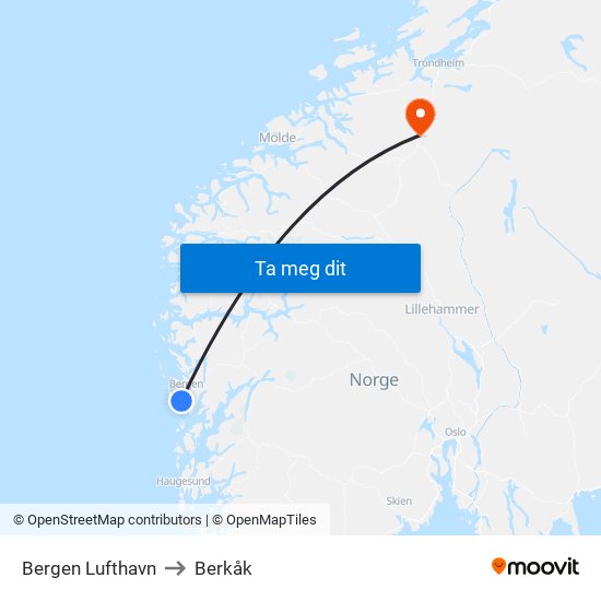 Bergen Lufthavn to Berkåk map