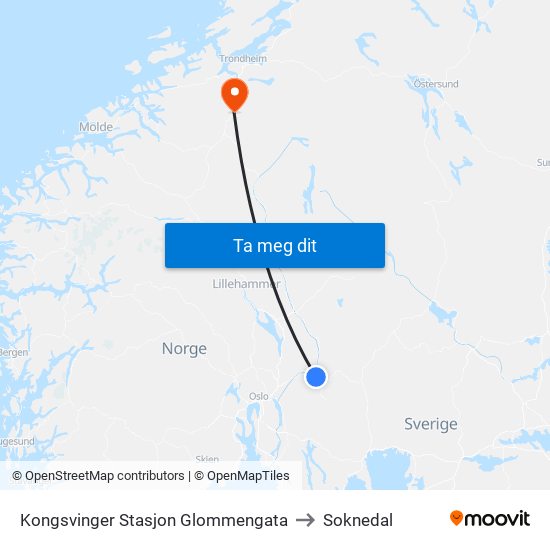 Kongsvinger Stasjon Glommengata to Soknedal map