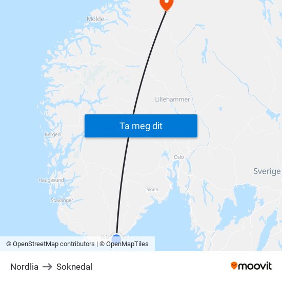 Nordlia to Soknedal map