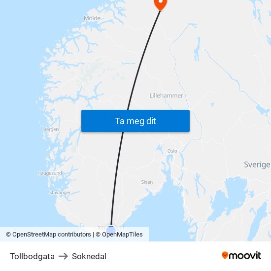 Tollbodgata to Soknedal map