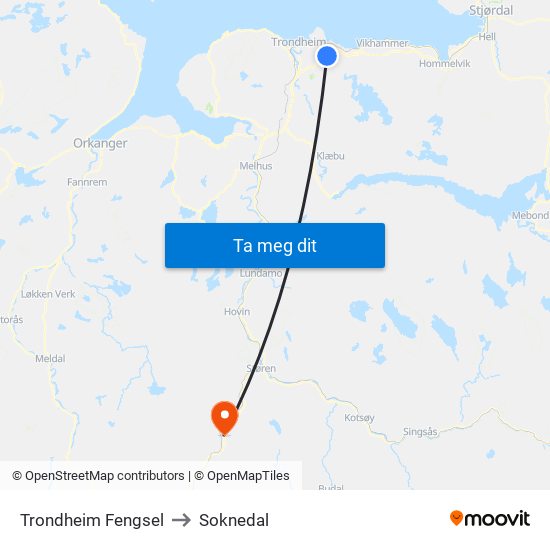 Trondheim Fengsel to Soknedal map