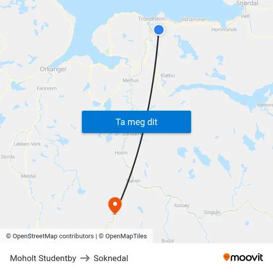 Moholt Studentby to Soknedal map