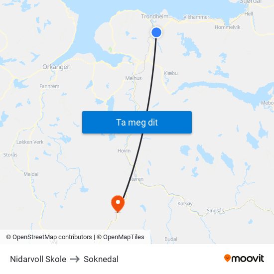 Nidarvoll Skole to Soknedal map