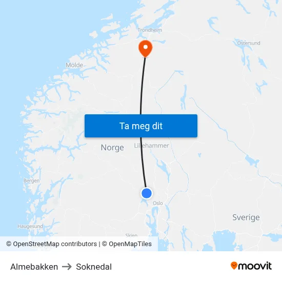 Almebakken to Soknedal map