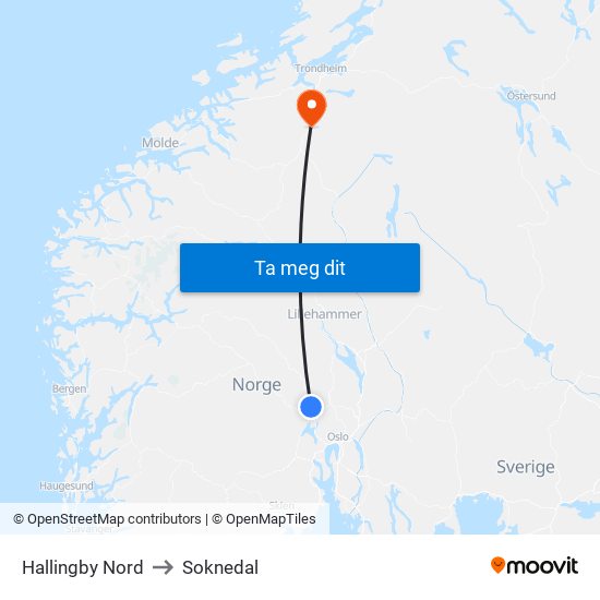 Hallingby Nord to Soknedal map