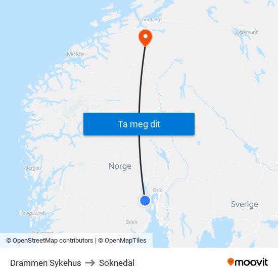 Drammen Sykehus to Soknedal map