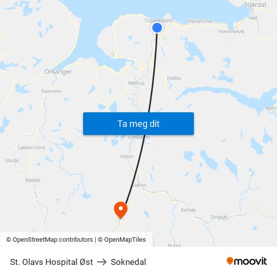 St. Olavs Hospital Øst to Soknedal map