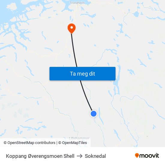 Koppang Øverengsmoen Shell to Soknedal map