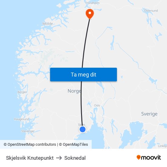 Skjelsvik Knutepunkt to Soknedal map