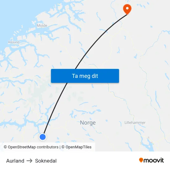 Aurland to Soknedal map